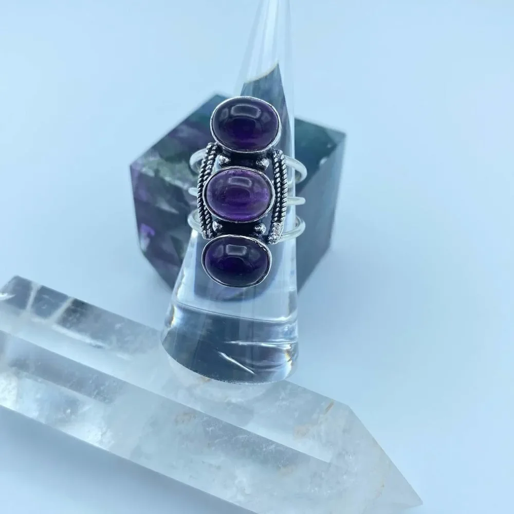 Amethyst Gemstone Sterling Silver Boho Ring Size 7.5